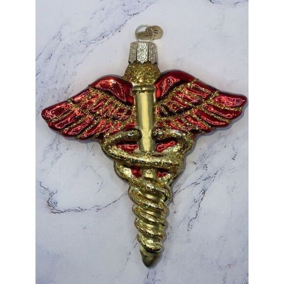 Old World Christmas Glass Tree Ornament Red Gold Medical Caduceus Doctor Nurse - Picture 2 of 3